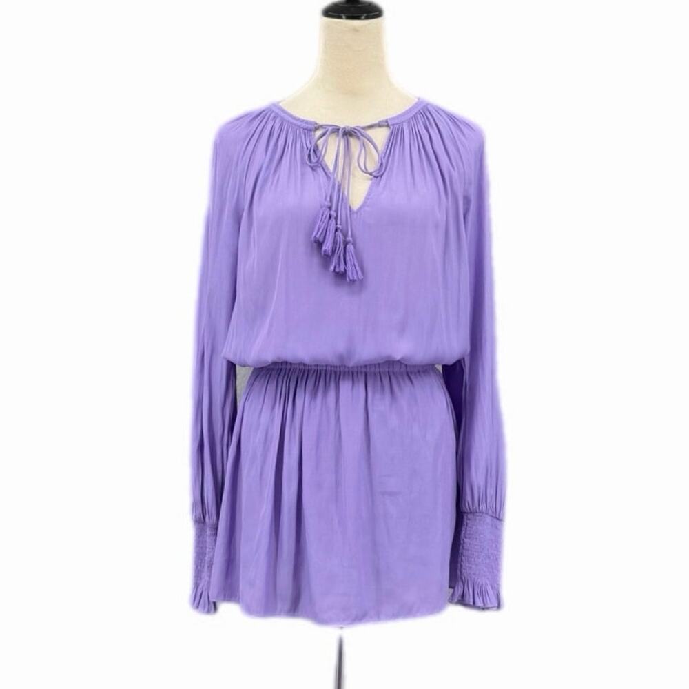 Ramy Brook Clarinda Smocked Tie Front Tassel V-Neck Lavender Purple Mini Dress